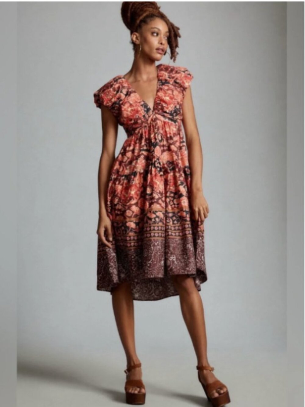 By Anthropologie Printed V-Neck Babydoll Midi Dress | Red Motif | Size 12